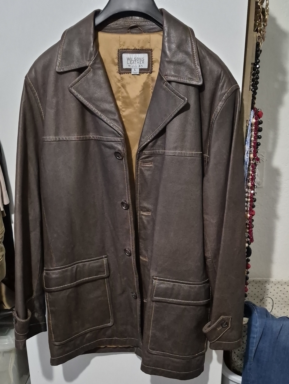 Wilsons Leather Men's Dark Brown Leather Trench Coat Sz L